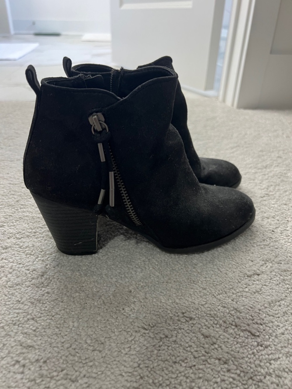 Report Black Suede Ankle Booties with Stacked Heel
